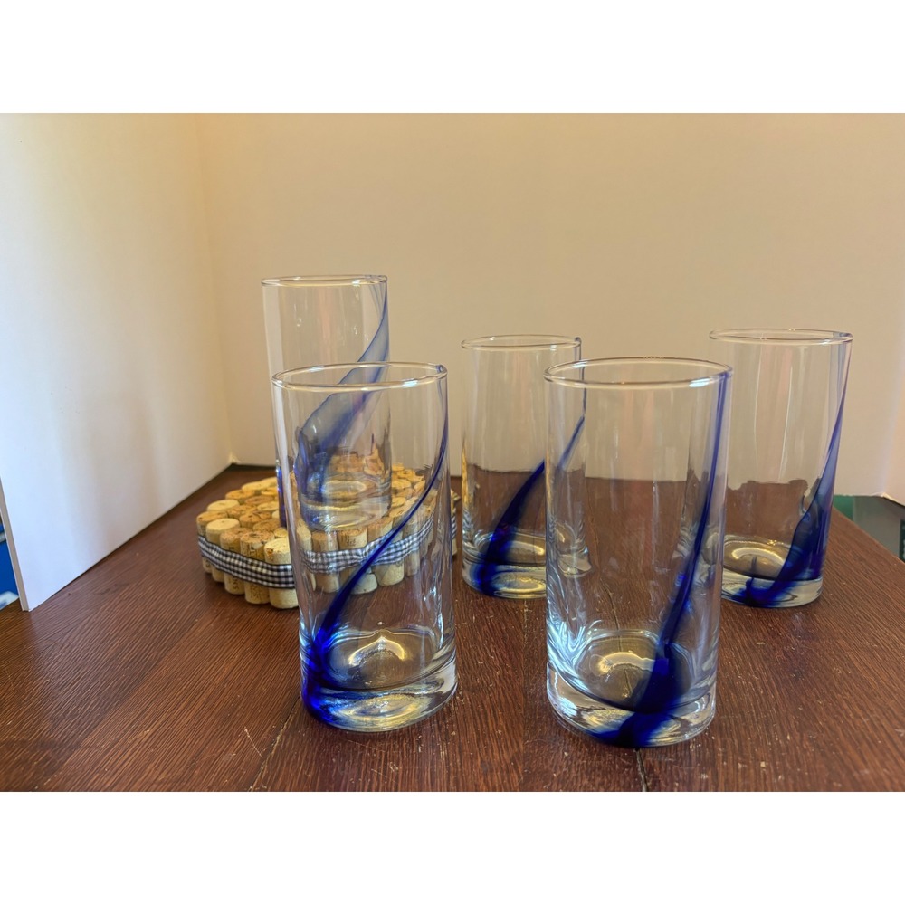 Hand Blown Cobalt Blue Swirl Highball Glasses Thumbprint Grip Set of 5